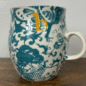 Anthropologie Homegrown Teal blue & Cream Floral Letter “B” Mug 4 1/4''